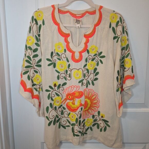 IVY JANE Linen Blend Embroidered Floral Peacock Tunic Size Small Boho Hippie - Picture 1 of 8